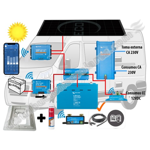 [CAMPER8 LITIO] Kit Energía Litio 200Ah, Smart BMS 12/200Ah, Campervan, GV, Embarcación 12V y 230V, 400W IBC