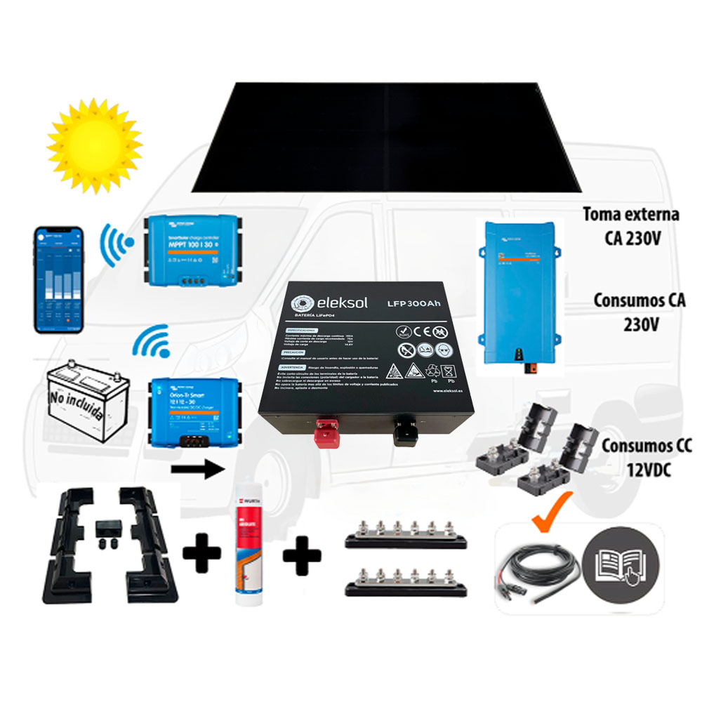 Kit Camper booster 50A, solar 400W IBC, acumulación 300Ah LFP, potencia 2000VA