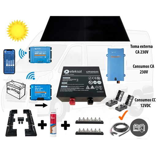 [CAMPER9 LITIO ELEKSOL] Kit Camper booster 50A, solar 400W IBC, acumulación 200Ah LFP, potencia 2000VA