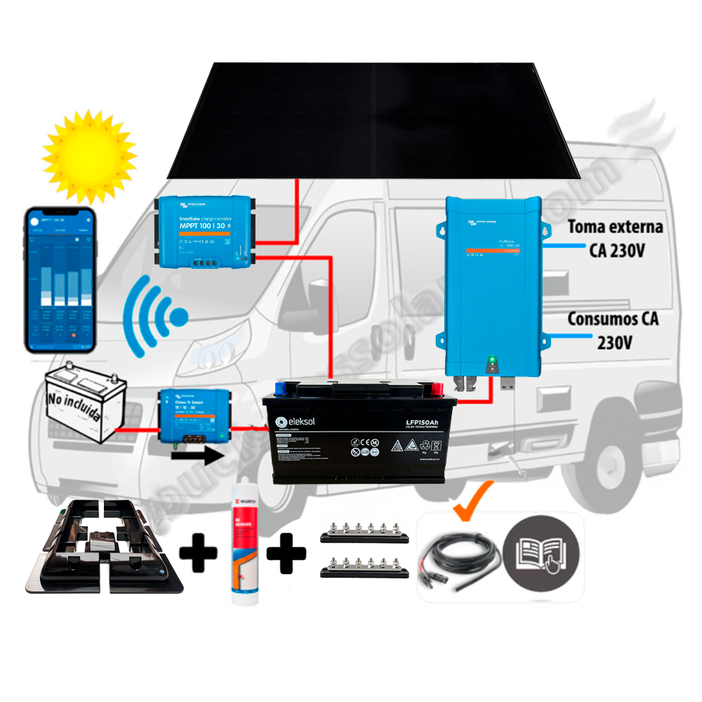 Kit Camper booster 30A, solar 400W IBC, acumulación 150Ah LFP, potencia 1200VA