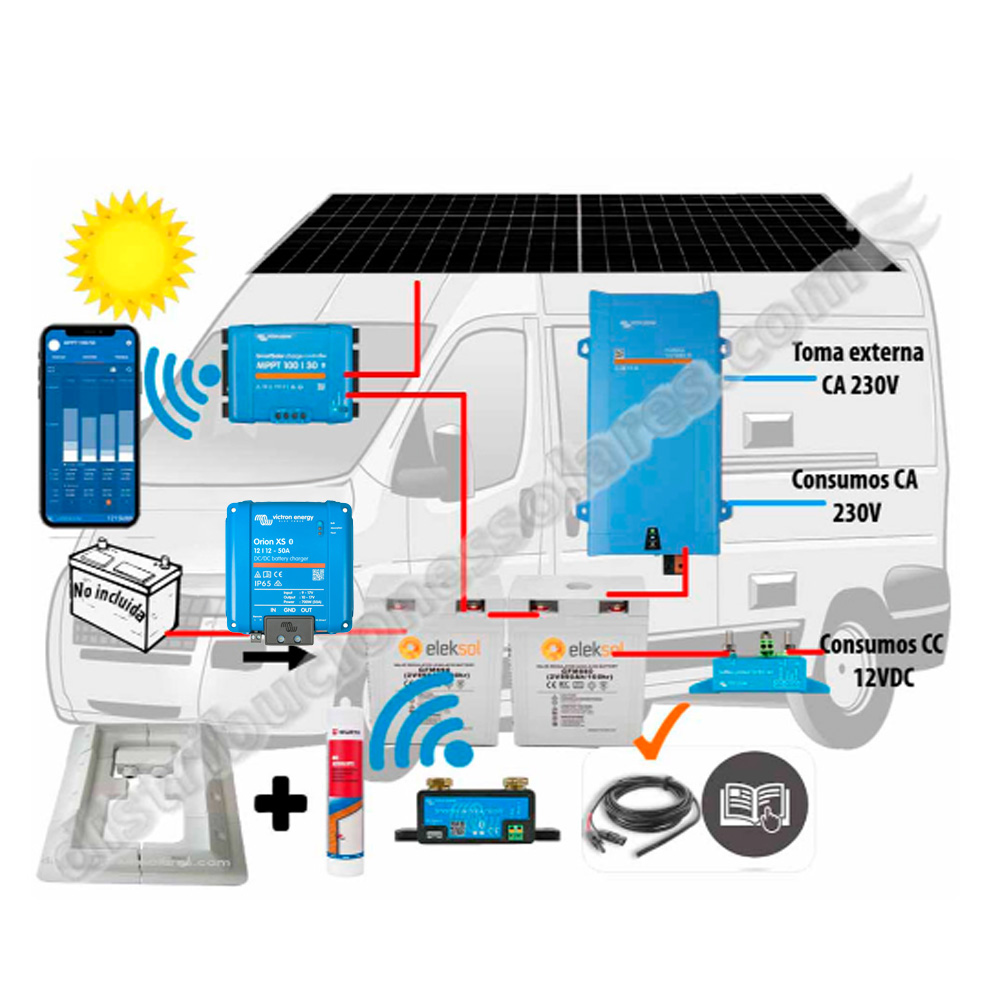 Kit Camper booster 50A, solar 2x200W, acumulación 200Ah LFP, potencia 1600VA