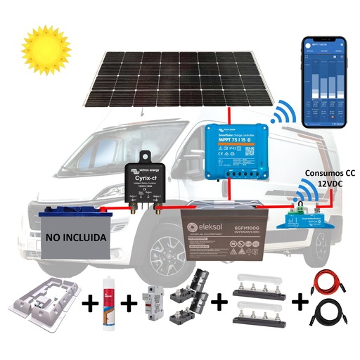 [CAMPER1] Kit Camper relé, solar 200W, acumulación 100Ah, salida en 12V