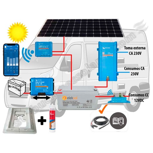 [CAMPER2 BOOSTER] Kit Energía Booster para Campervan, Gran Volumen, Embarcación 12V y 230V. Con Placa 200W Monocristalina