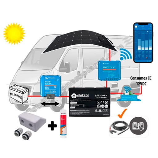 [KIT FLEXIBLE CAMPER 220W LITIO100] Kit Camper booster 18A, solar flexible 220W, acumulación 100Ah LFP, salida en 12V