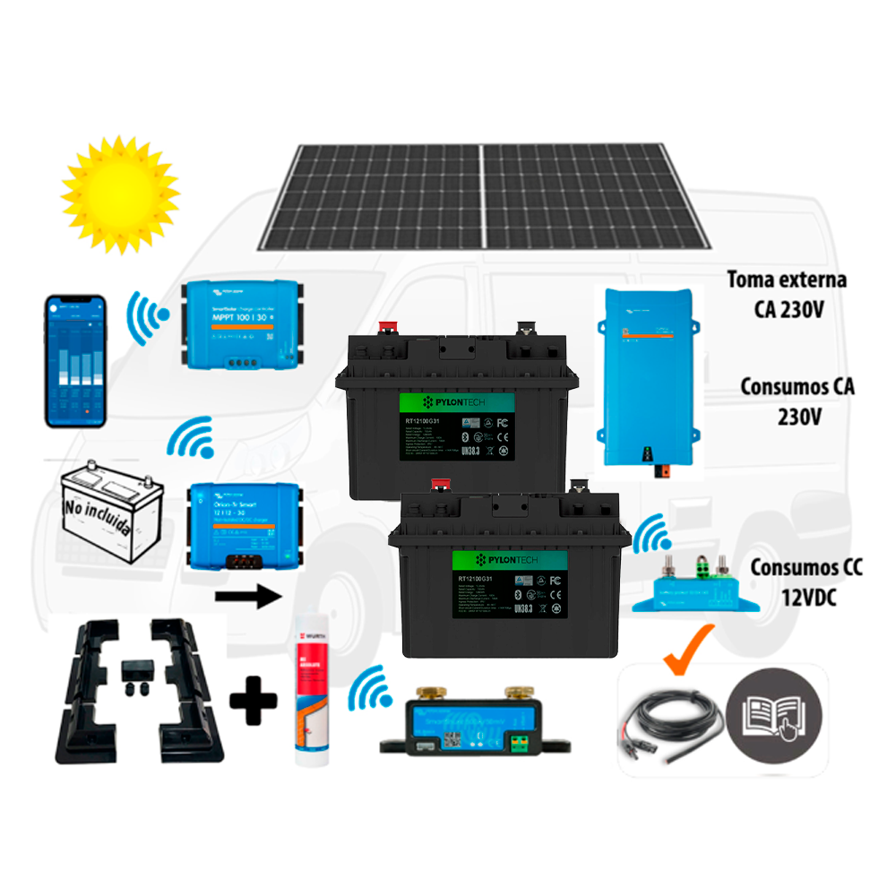 Kit Camper booster 30A, solar 400W IBC, acumulación 200A LFP Pylontech, potencia 1600VA