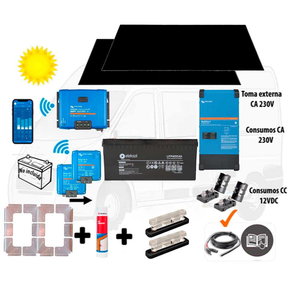 Kit Camper booster 100A, solar 2x400W IBC, acumulación 2x400A LFP, potencia 3000VA