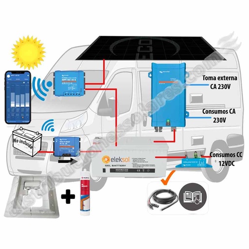 [CAMPER3 BOOSTER] Kit Energía Booster Alto Rendimiento Campervan, Gran Volumen, Embarcación 12V y 230V. Con Placa 305W Bateria Eleksol GEL 250Ah