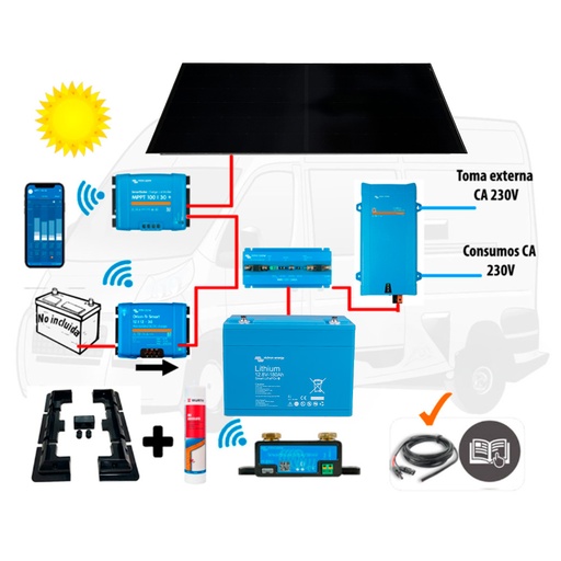 [CAMPER8 LITIO VICTRON 300A] Kit Camper Victron, booster 50A, solar 400W IBC, acumulación 300Ah LFP, potencia 2000VA
