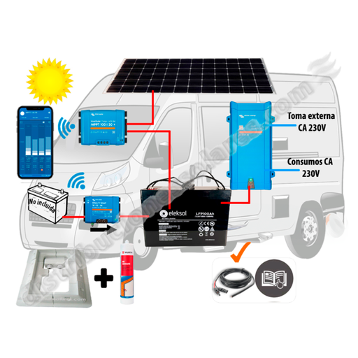 [CAMPER6 LITIO ELEKSOL] Kit Energía Litio 100Ah Alta Corriente, Campervan, Gran Volumen, Embarcación 12V y 230V. Placa 200W