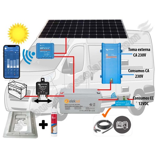 [CAMPER2 RELÉ] Kit Energía Relé para Campervan , Gran Volumen, Embarcación 12V y 230V. Con Placa 200W Monocristalina