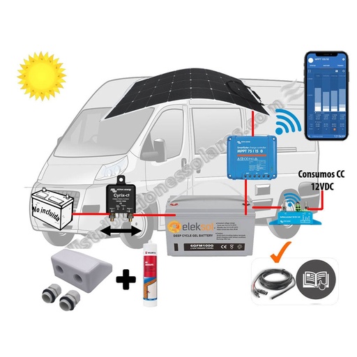 [KIT FLEXIBLE CAMPER 200W] Kit Energía para Campervan o Embarcación 12V, con placa flexible de 200W y batería GEL 100Ah
